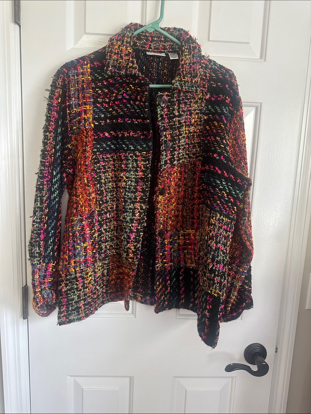 Chico's Multicolor Tweed Open-Front Jacket with Black Base